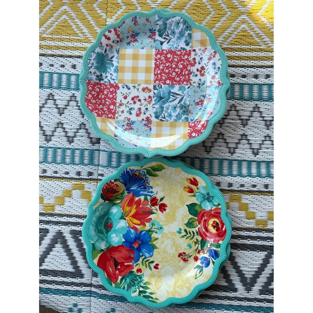 Pioneer Woman Melamine Salad Plate Set 9in Floral Patchwork Scalloped Teal 10pc
